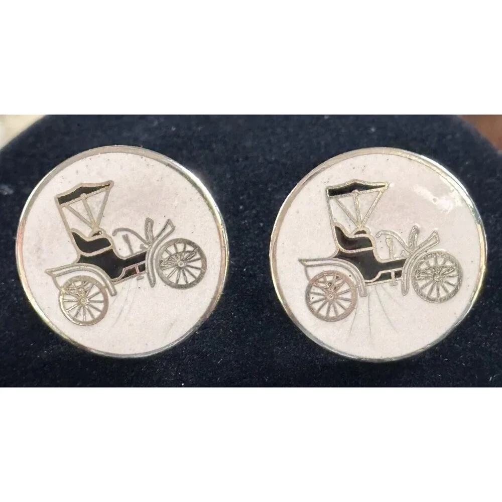 Vintage Enamel 1904 Ford Model A Car Cufflinks Pair Round White‎ Gold